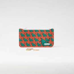 A compact, lightweight Tyvek® change wallet featuring a vibrant, repeating fox pattern in shades of orange and green. The wallet has a zippered closure and can hold coins, bills, and cards.
