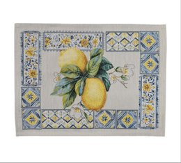  Coastal Lemons Breakfast Placemat in Gobelin. Rectangular placemat with a decorative border featuring a lemon motif in shades of yellow, green, and blue.
