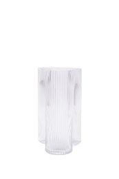 Clear glass vase with vertical ribbed texture, tall cylindrical shape, suitable for floral arrangements or home decor.