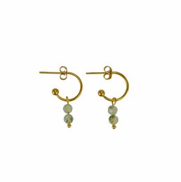 Gold hoop earrings with prehnite gemstone drops. Elegant and minimalist design.