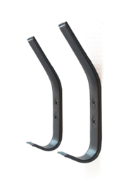 Black metal coat hooks, set of 2, for hanging coats, jackets, and other items. Sturdy and durable design suitable for use in entryways, mudrooms, or closets.