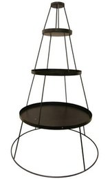  A black, pyramid-shaped decorative stand with multiple tiers for displaying items.