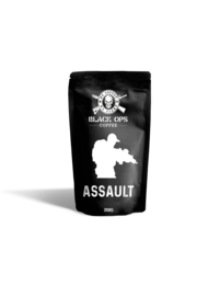 Dark roast coffee beans in a black package labeled "ASSAULT COFFEE"