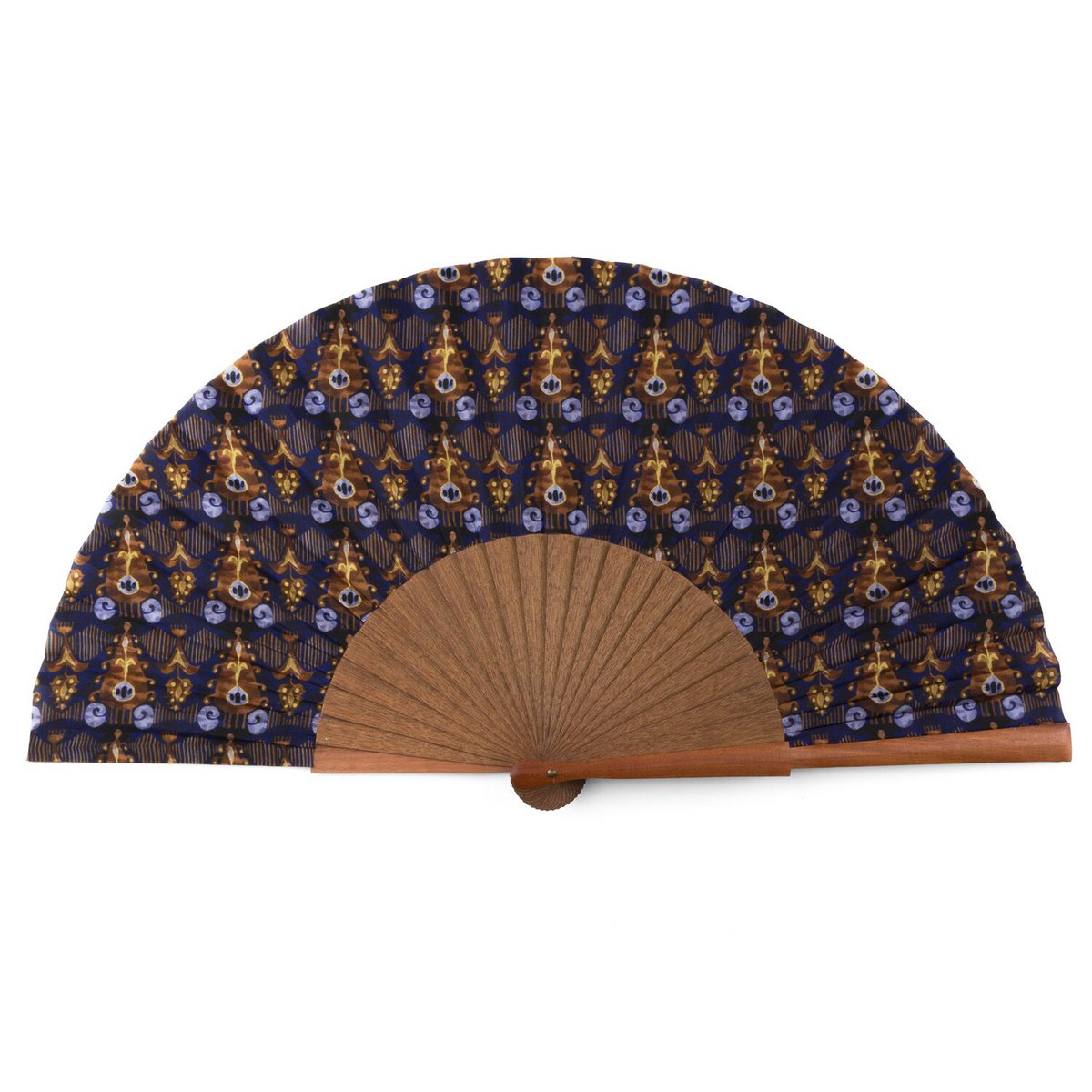 Ikat-Inspired Silk Fan – Handmade in Spain with Bocapi Wood, Blue and Brown Print
