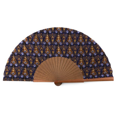 Ikat-Inspired Silk Fan – Handmade in Spain with Bocapi Wood, Blue and Brown Print