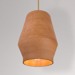 Terracotta pendant light with open design and perforated details, suitable for modern or rustic decor.