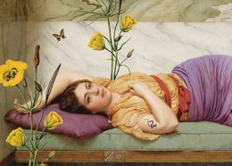 Postcard with a woman resting on a couch surrounded by yellow flowers and butterflies. The postcard has a dreamy, romantic aesthetic.