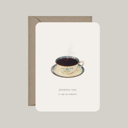  "Get well card with steaming cup of comfort illustration, cream envelope, sympathy greeting"