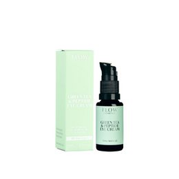 Green tea and peptide-infused eye cream in a light green bottle with a pump dispenser.