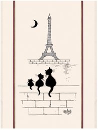Large tea towel featuring a design with the Eiffel Tower and three cats in ecru color.