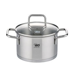 Stainless steel casserole, 12 cm, 0.6 liter capacity, suitable for stock pots. Features a durable stainless steel construction and a glass lid.