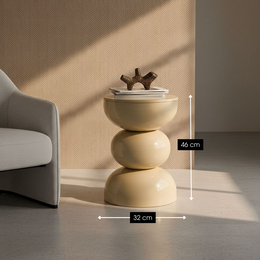 Beige round side table made of iron, 46 cm tall and 32 cm in diameter.