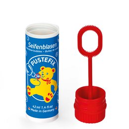 A classic 42ml Pustefix bubble blower set, featuring a blue and yellow container with a red bubble wand. The product is designed for educational and entertainment purposes.