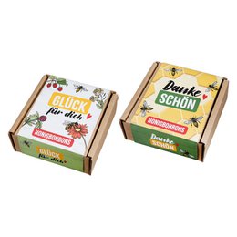  Sweets honey/bee H.4 cm - 2 times assorted, a set of bonbons with a honey and bee theme. The product features a square box with a colorful design depicting bees and honeycomb patterns.