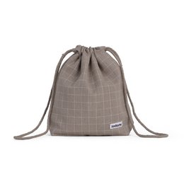 A gray and white checkered drawstring bag with a metal ring and snap closure, suitable for storing pet treats or other small items.