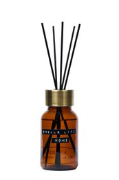  A room diffuser with a 200ml capacity, featuring a cedarwood scent and a brass ring design. The diffuser is made of glass and has black reed sticks.