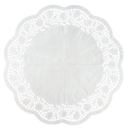 Set of 30 round white paper placemats for pies and cakes, featuring a decorative lace pattern.