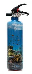A blue fire extinguisher with a tropical fish design, featuring a vibrant underwater scene with coral and marine life.