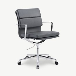  Grey leather and chrome office chair with swivel base and casters.