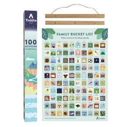 "100 Family Adventures - Ultimate Bucket List (A3) is a kids room poster featuring a checklist of 100 family activities to enjoy together. The poster is sustainably sourced and designed to grow with the family as they complete the activities."