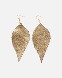  Metallic gold leather feather-shaped earrings with a drop design.