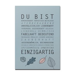 A uniquely blue birthday postcard with a simple, minimalist design featuring text and leaf illustrations.