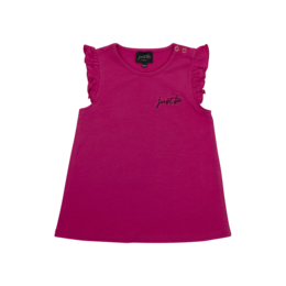 A bright pink ruffle t-shirt for kids, available in sizes 134-140, 122-128, 110-116, 98-104, 86-92, 74-80, and 62-68.