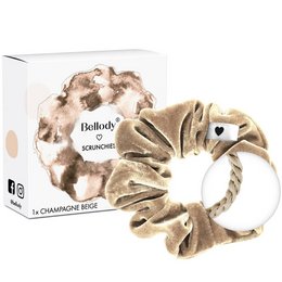 Beige velvet scrunchie with a heart-shaped accent, made by Bellody. Soft, plush material in a neutral champagne color.