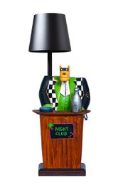  A rechargeable touch-activated LED desk lamp with a whimsical design featuring a wolf character and a checkered pattern base.