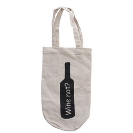 A beige fabric bottle bag with a black "Wine not" text graphic. The bag has a tall, cylindrical shape and measures 31cm in height and 9cm in width, suitable for carrying a wine bottle.