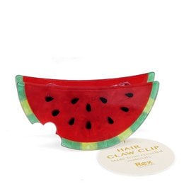 Red watermelon shaped hair claw clip with green trim and black seeds detail