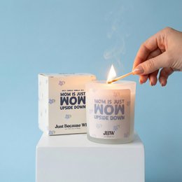  White scented candle with "MOM = WOW" text, frosted glass jar, tall cylindrical shape, minimalist design