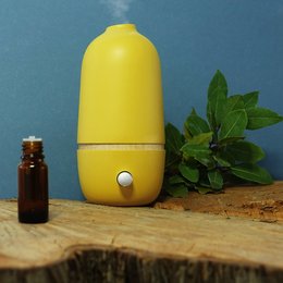 Yellow, oval-shaped essential oil diffuser with a sleek, modern design. Features a mist function to disperse essential oils into the air.