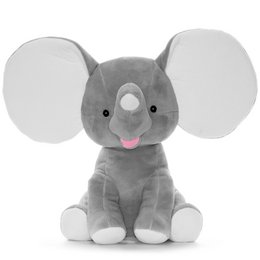 A grey plush elephant with large ears and a cute expression. The elephant appears to be a soft, cuddly toy.