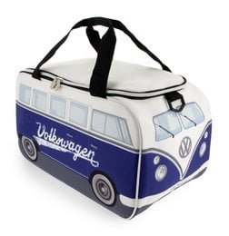 A blue and white Volkswagen VW T1 Bus-shaped cooler bag with a 25-liter capacity, suitable for carrying lunch or other items.