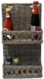 Rectangular woven bottle holder organizer with multiple shelves to store various bottles and condiments.