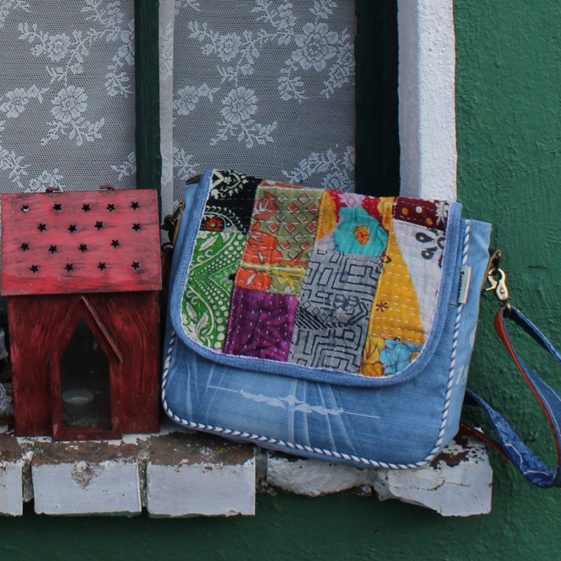 Bolso de hombro sostenible de mujer Sunsa. Bolso de hombro hecho de tela de jeans y sari reciclados (lienzo). Bolso estilo retro vintage. Bolso bandolera para mujer.