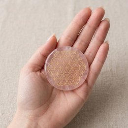  Rose quartz round disk crystal with flower of life sacred geometry pattern, pink stone palm stone