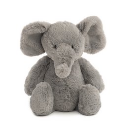 A plush, soft gray elephant stuffed animal with large ears and a friendly expression.