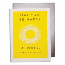 Bright yellow greeting card with a sun illustration and the text "May you be happy always." - Honore de Balzac. This cheerful card is part of the "Cards with Pictures" category.
