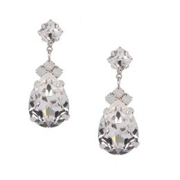 Elegant drop earrings featuring a teardrop-shaped crystal pendant with a sparkling diamond-like accent. The earrings have a silver-tone finish for a sophisticated look.