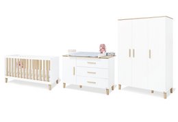 Extra wide 3-piece nursery set including cot bed, changing unit, and large wardrobe in a modern, colorful design.