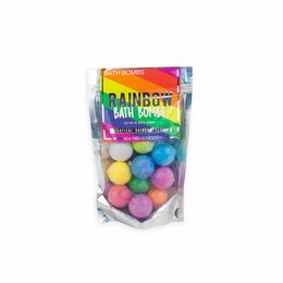 Colorful bath bombs in a variety of vibrant hues, including pink, blue, green, and yellow. The bath bombs are round in shape and appear to be made of a fizzy, effervescent material. The product is marketed as a "Rainbow Bath Bomb" set, suggesting it will create a colorful, rainbow-like effect in the bath.