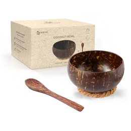 "Coconut Bowl Set M • Eco Friendly • Polished"

The coconut bowl set is made of polished coconut shells, which are an eco-friendly and sustainable material. The set includes a round, shallow bowl and a wooden spoon. The bowl has a natural, rustic appearance with a polished finish, making it suitable for serving various foods or as a decorative piece.