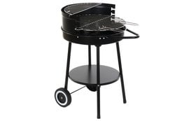 Black round charcoal grill with metal grate and wheels for easy mobility. Suitable for outdoor picnics and barbecues.