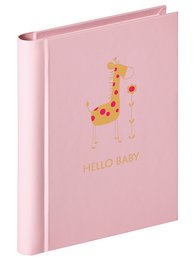 A pink baby book with a giraffe illustration and the text "Hello Baby". The book appears to be a photo album or journal for recording a baby's early life.
