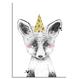 Whimsical wall art featuring a cute fox with a party hat, perfect for a child's room or nursery decor. Includes details on color, style, and shape.
The image shows a whimsical wall art print featuring a cute gray fox with a yellow party hat. The fox has a soft, illustrated style with a playful expression. The artwork would be suitable for a child's room or nursery decor. The color palette includes shades of gray, white, and yellow. The shape of the artwork is rectangular, with the fox positioned centrally. This wall art piece would be a charming addition to any space and could be used as inspiration for a semantic search related to children's room decor or animal-themed artwork.