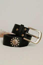  Black leather wide belt with coin studs, metal buckle, decorative embellishments, casual style accessory