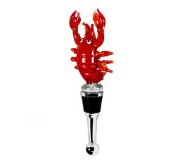 A red, hand-colored Murano glass lobster bottle stopper for champagne, wine, and sparkling wine, standing 12 cm tall.