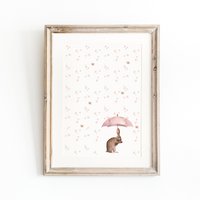 Bunny with pink umbrella and flowers poster, bunny poster, cute bunny poster, pink girls room poster, cute bunny print, girls nursery art print, girls room 